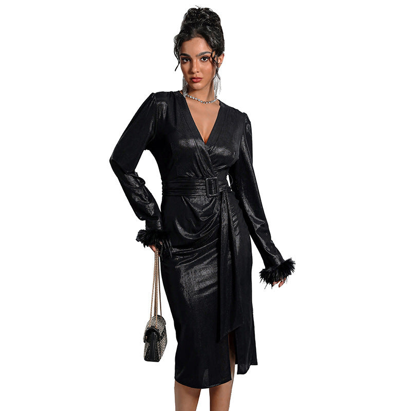 Retro Party Sexy Elegant Style Deep V-neck Black Slit Dress