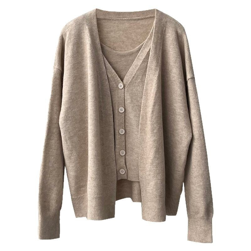 Simple V-neck Single Breasted Vest Knitted Cardigan Two-piece Short Sweater Suit For Women