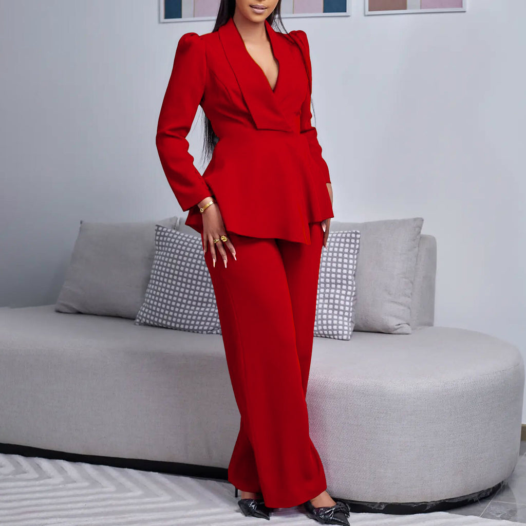 Ruffled Long-sleeved Top Wide-leg Pants Suit