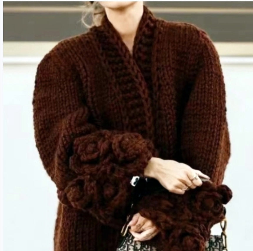 Long Sleeve Sweater Fashion Flower Sleeve Coarse Woven Knitted Cardigan