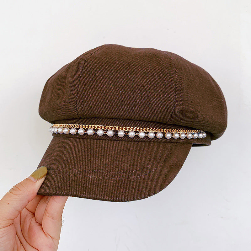 Pearl Octagonal Cap Korean Style All-matching Graceful Beret Classic Style Duck Tongue Newsboy Cap Tide