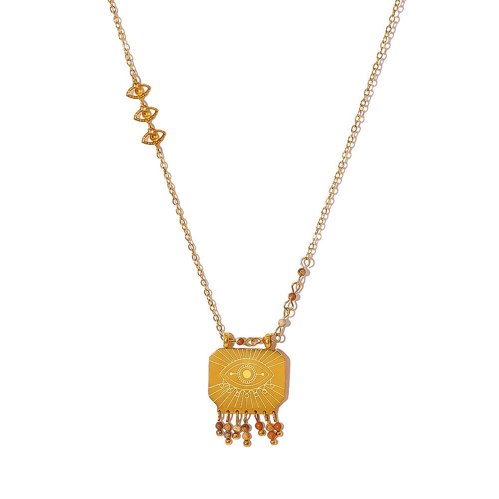 Retro Natural Stone Square Pendant Necklace Bohemian Design Evil Eye Chain