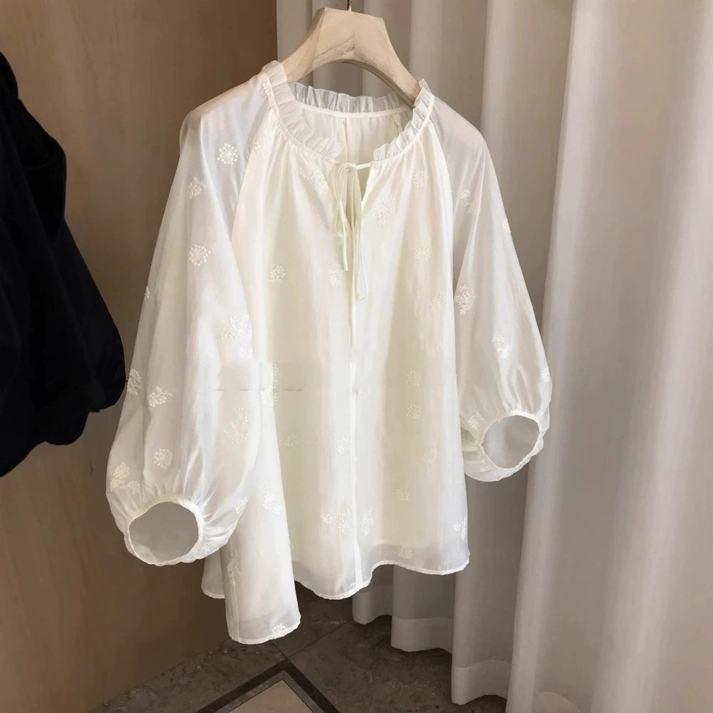 French Retro Lantern Sleeves Slimming Embroidered Women's Shirt