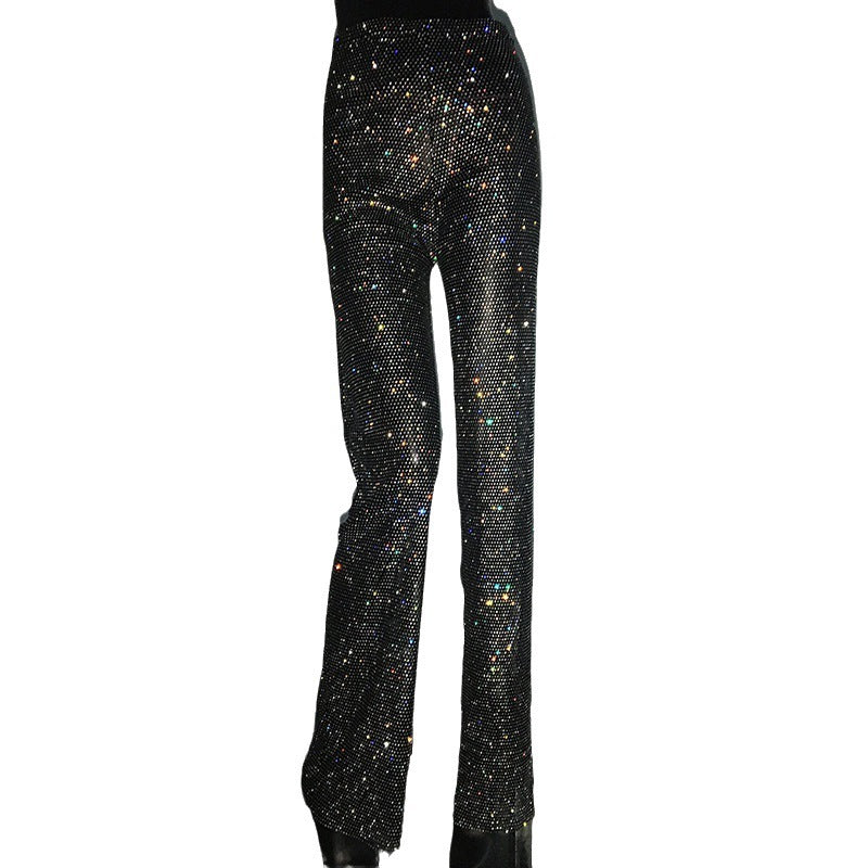 Women's Fashion Straight Rhinestone Fishnet Casual Wide-leg Pants