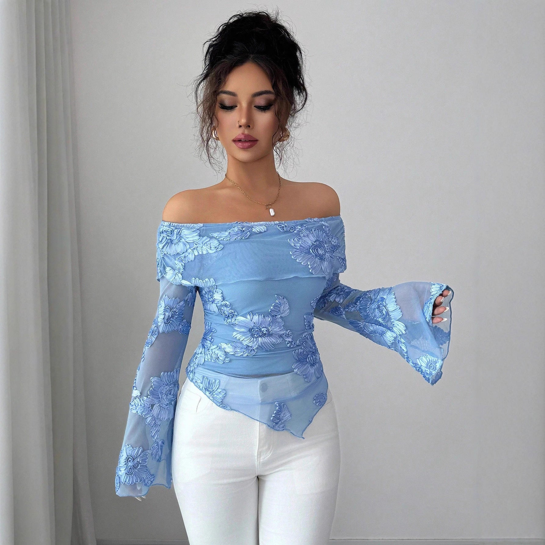 New One-shoulder Trumpet Sleeve Asymmetric Hem Embroidery Versatile Stylish Top