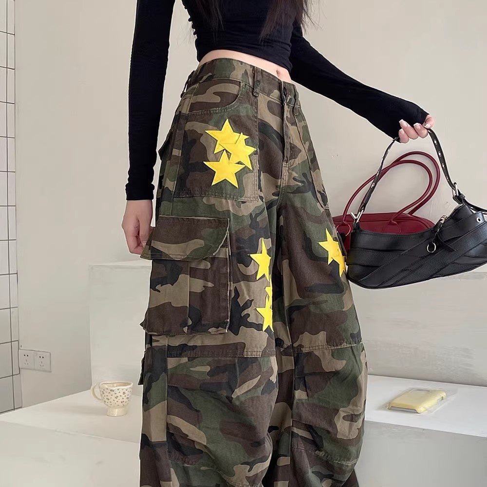 Retro Camouflage Workwear Jeans Women's Wide Leg Mop Pants