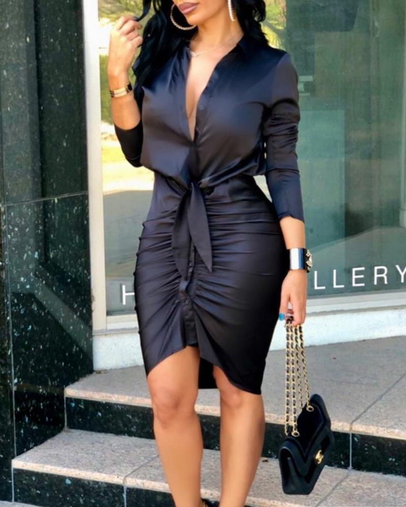 Women's Lace-up Solid Color Long-sleeved Shirt Dress