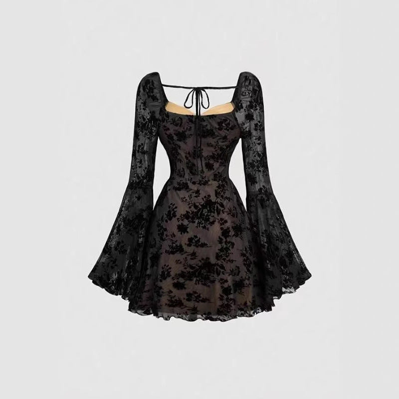 Black Floral Lace A- Line Short Top Skirt