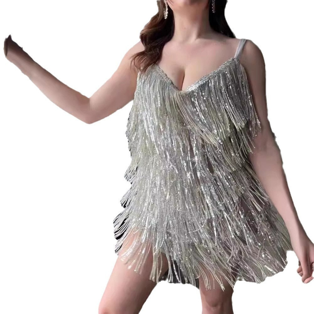 Sheath Sleeveless Sexy Suspenders Sequined Glitter Tassel Dress