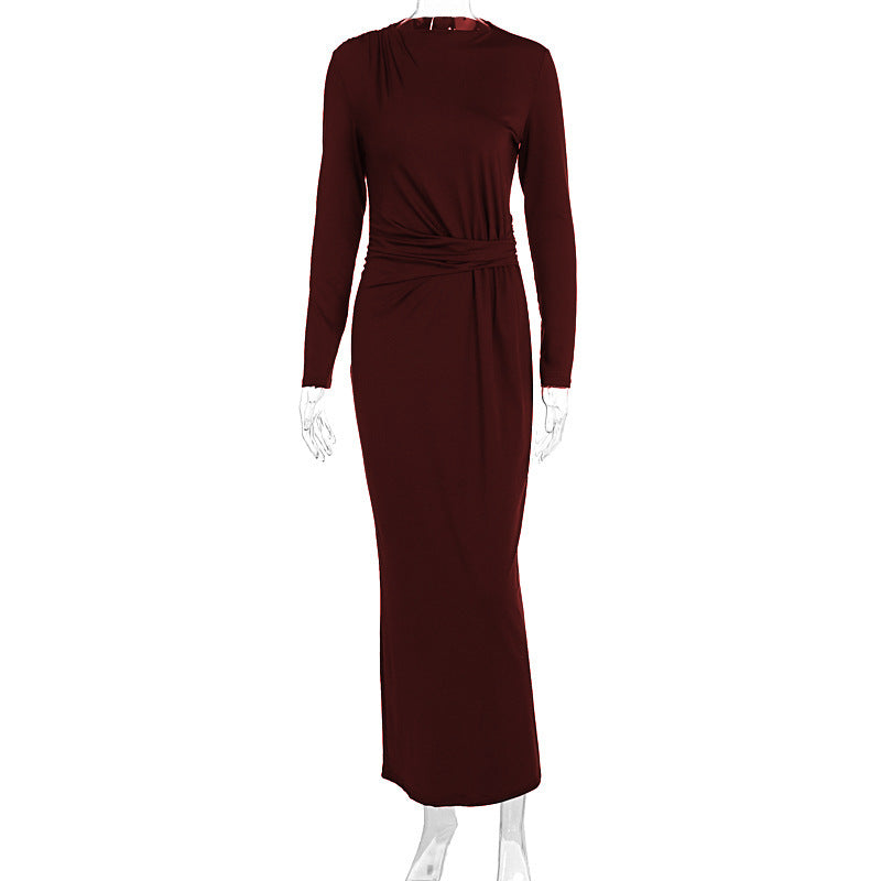 Long Sleeve Fitted Waist Pleated Slim-fit Long Dress