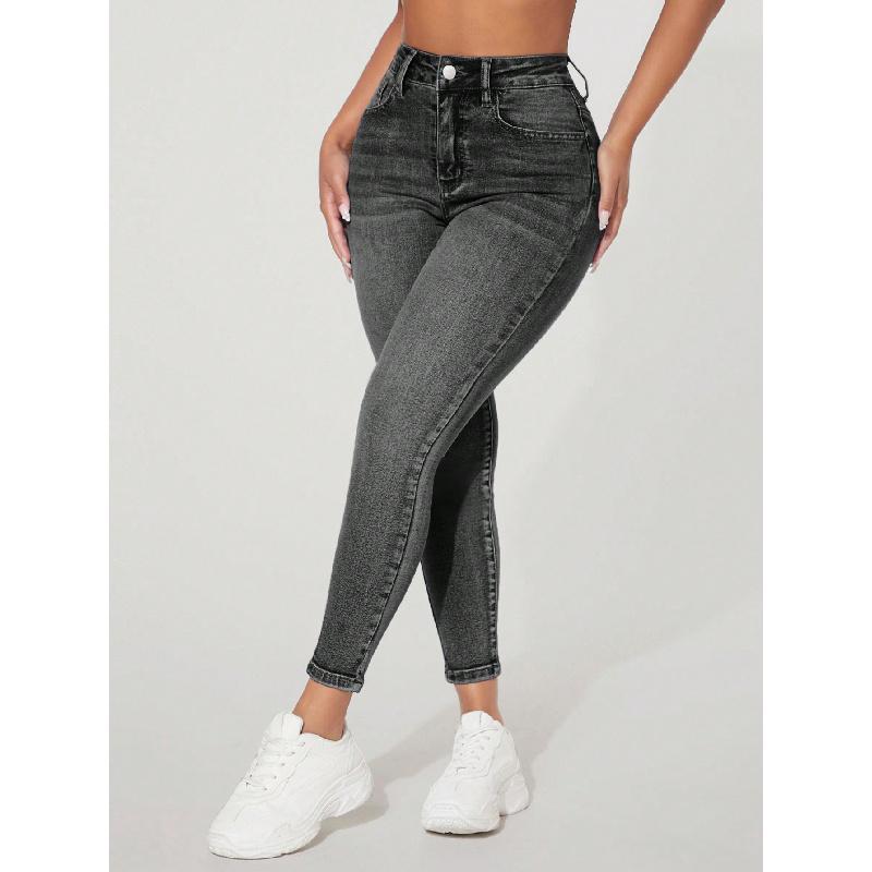High Waist Fastener Decoration Skinny Stretch Jeans