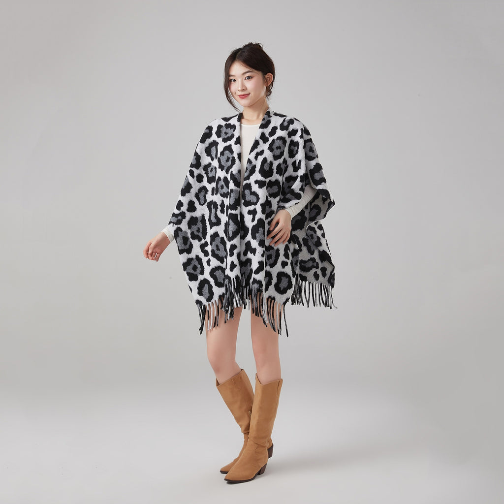Thick Warm Vintage Leopard Print Tassel Shawl