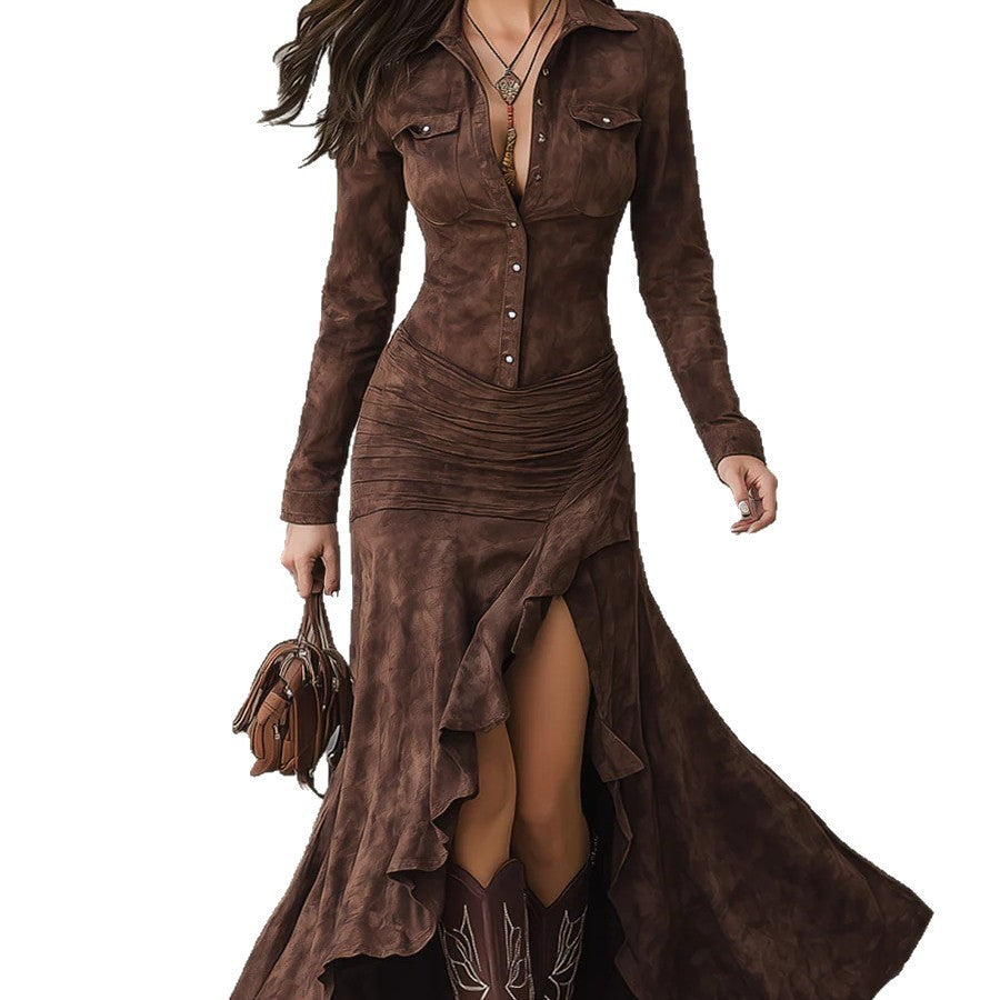 Slim-fit Zipper Stand Collar Split Long Dress