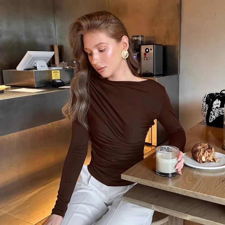 Brown Round Neck Bottoming Shirt Temperament Waist-controlled Long Sleeve
