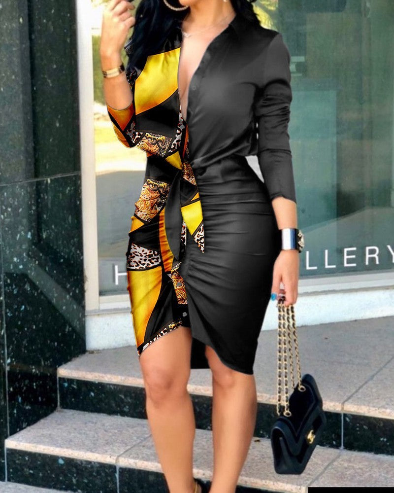 Women's Lace-up Solid Color Long-sleeved Shirt Dress