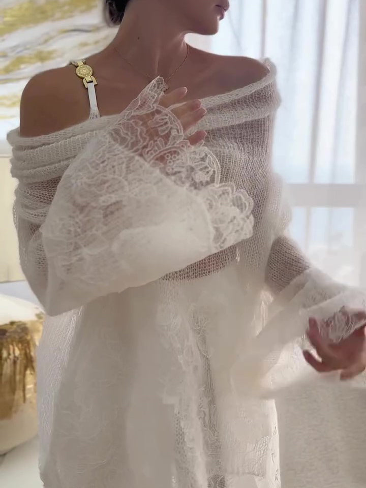 White Lace Off-Shoulder Oversized Top