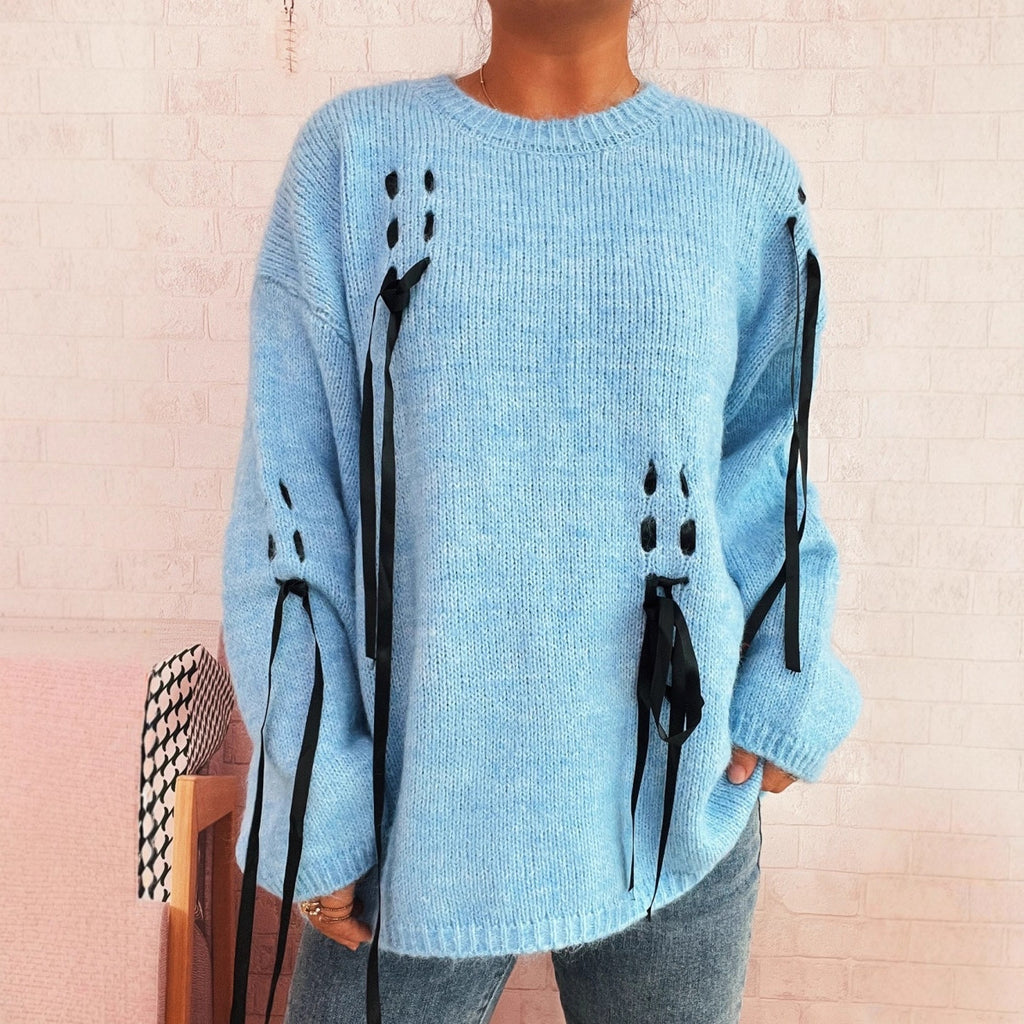 Handmade Lace-up Knitted Round Neck Long Sleeve Loose Sweater
