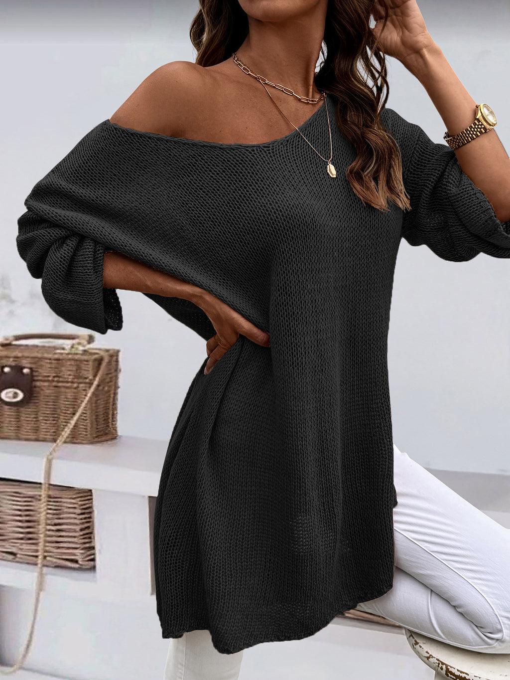 Fashion V-neck Pullover Plus Size Women's Knitted Sweater