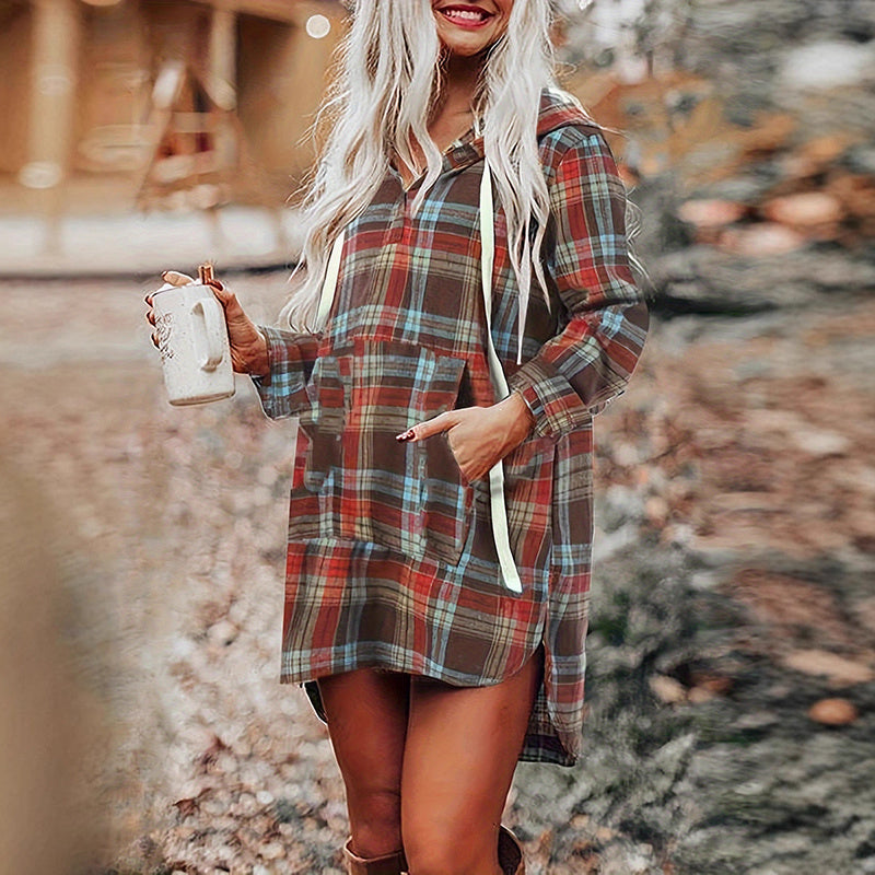 Women's Plaid Hoodie, Long Sleeve Casual Buttons V Neck Sweatshirt, Fall Fashion Tops