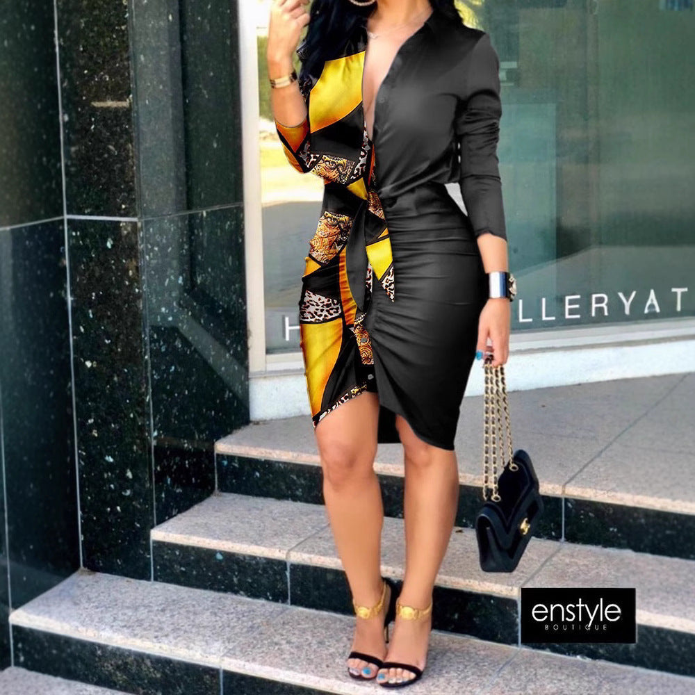 Women's Lace-up Solid Color Long-sleeved Shirt Dress