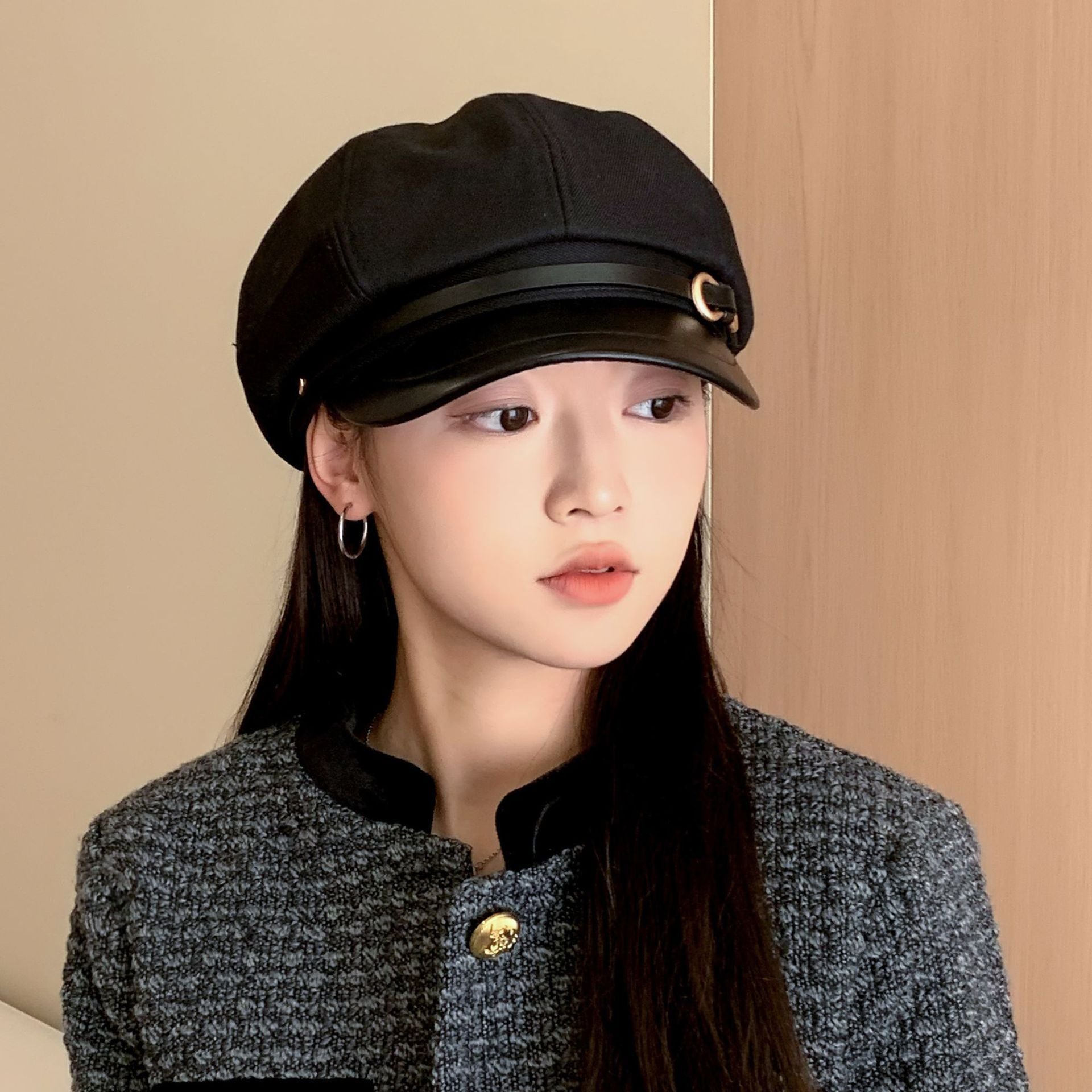 Casual Face-showing Small Peak Cap Octagonal Cap Leather Brim Hat With Buckle