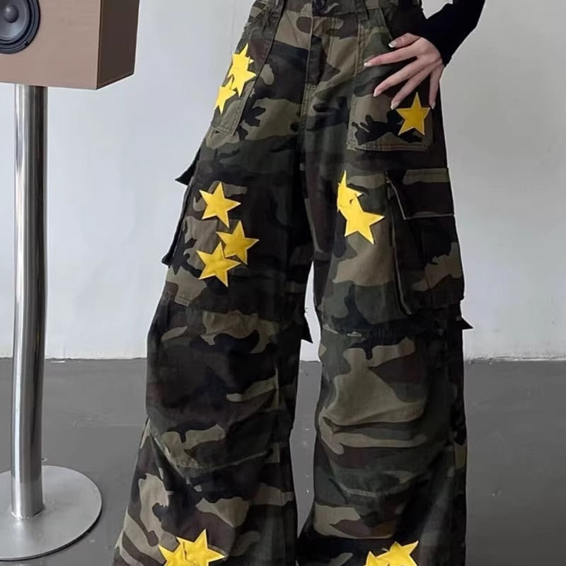 Retro Camouflage Workwear Jeans Women's Wide Leg Mop Pants