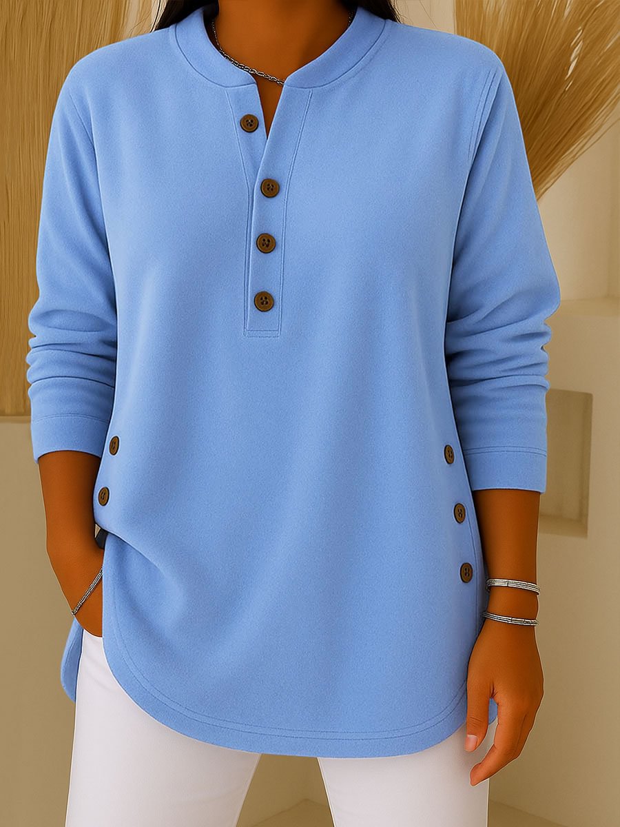 V-neck Button Solid Color Knitted Long Sleeve T-shirt