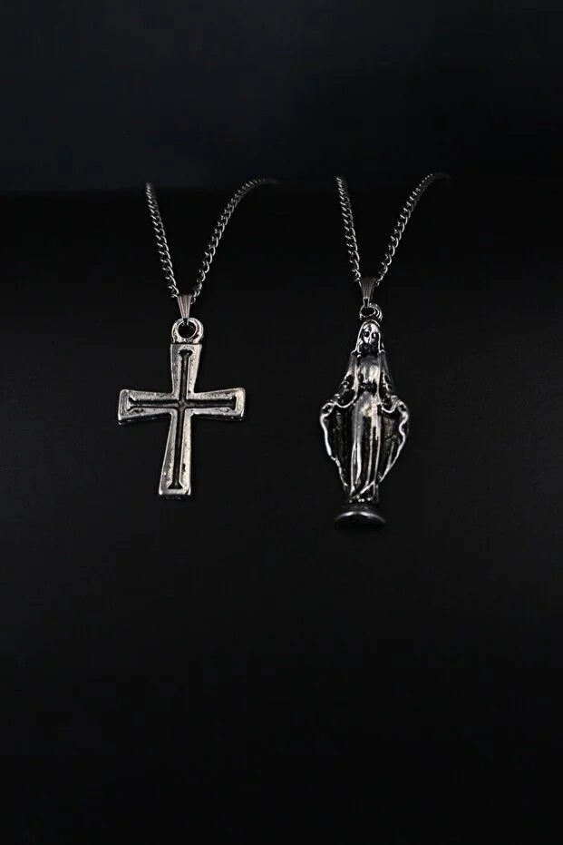 2 Piece Cross And Virgin Mary Necklace Set Men Religious Style Jewelry