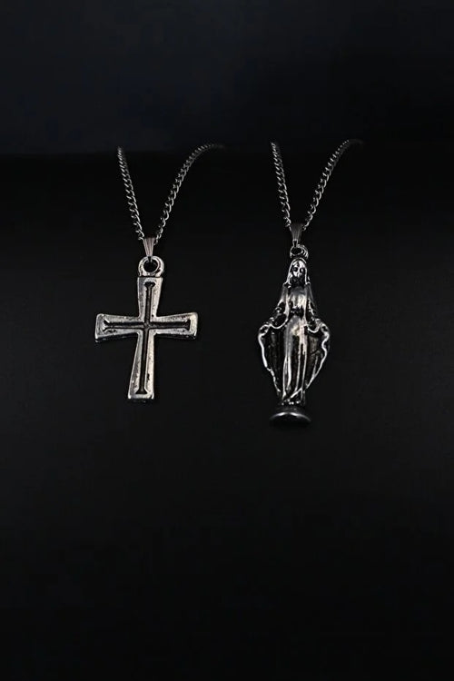 2 Piece Cross And Virgin Mary Necklace Set Men Religious Style Jewelry