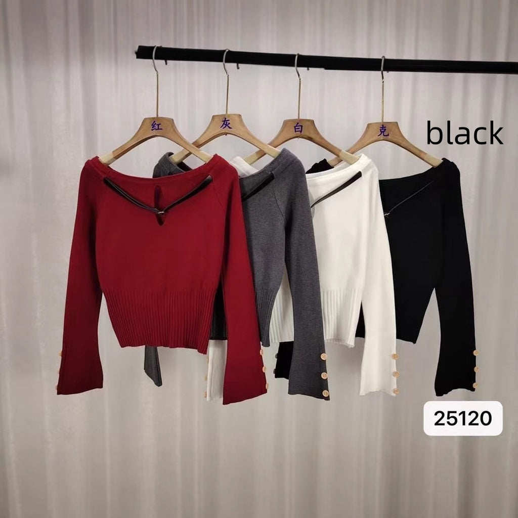 Women's Sweater Belt Off-shoulder Short Long Sleeve Top