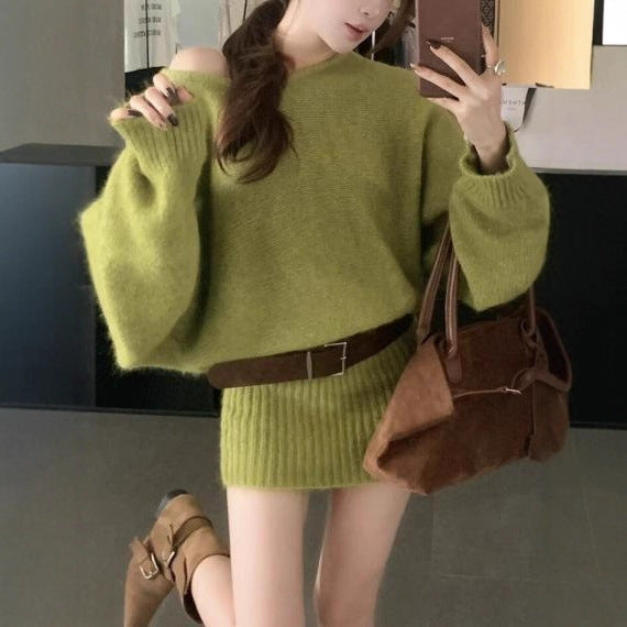 Off-shoulder Loose-fitting Women's Sweater Skirt Casual Knitted Top