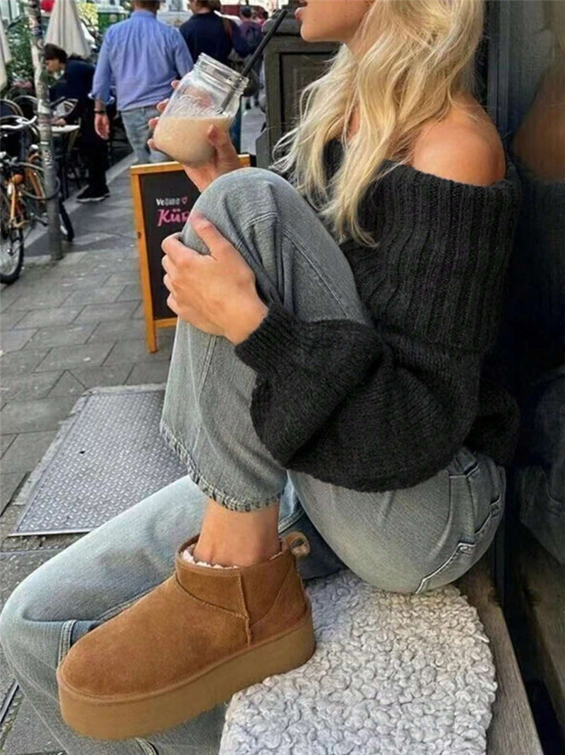 Women's Off-shoulder Simple Pure Color All-matching Lantern Sleeve Knitted Sweater