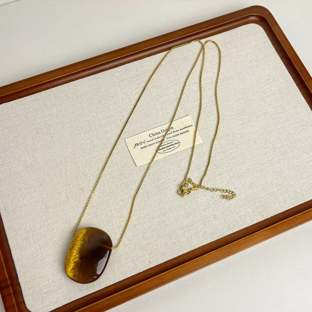 Square Tigereye Pendant Necklace Long Obsidian Sweater Chain Personalized All-matching Accessories