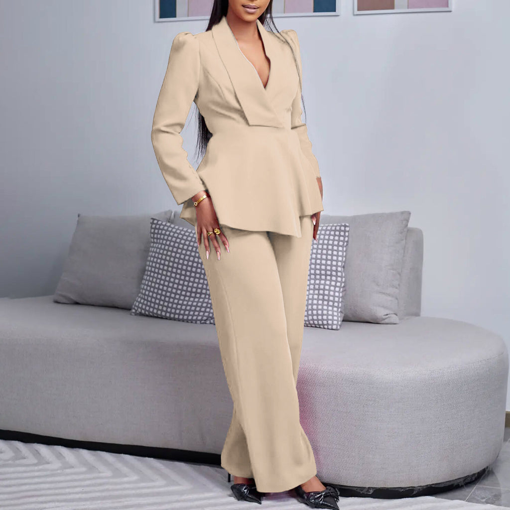 Ruffled Long-sleeved Top Wide-leg Pants Suit