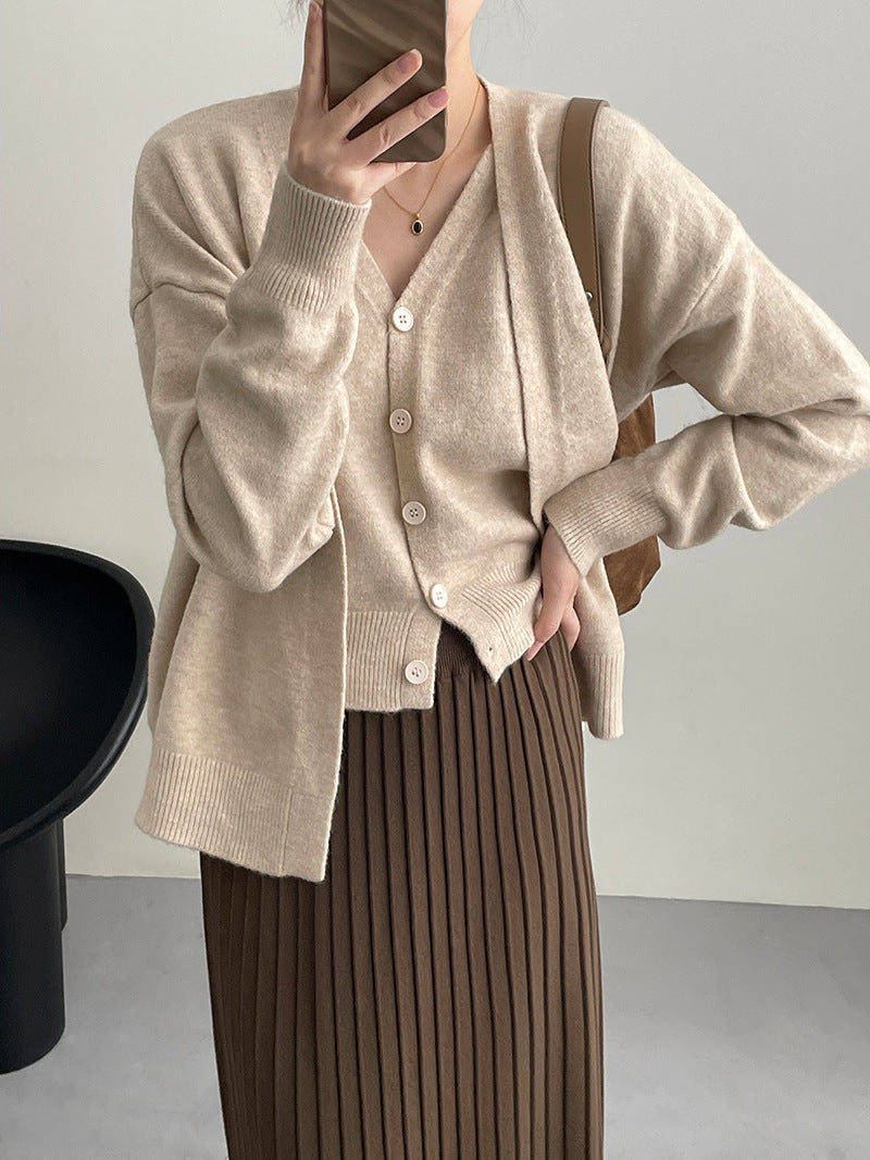 Simple V-neck Single Breasted Vest Knitted Cardigan Two-piece Short Sweater Suit For Women