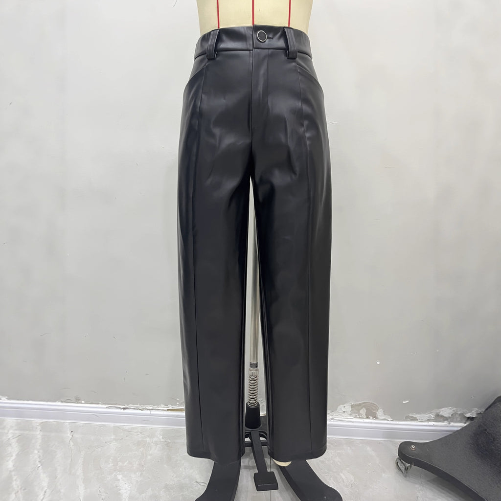 High Waist Matte PU Leather Straight-leg Trousers