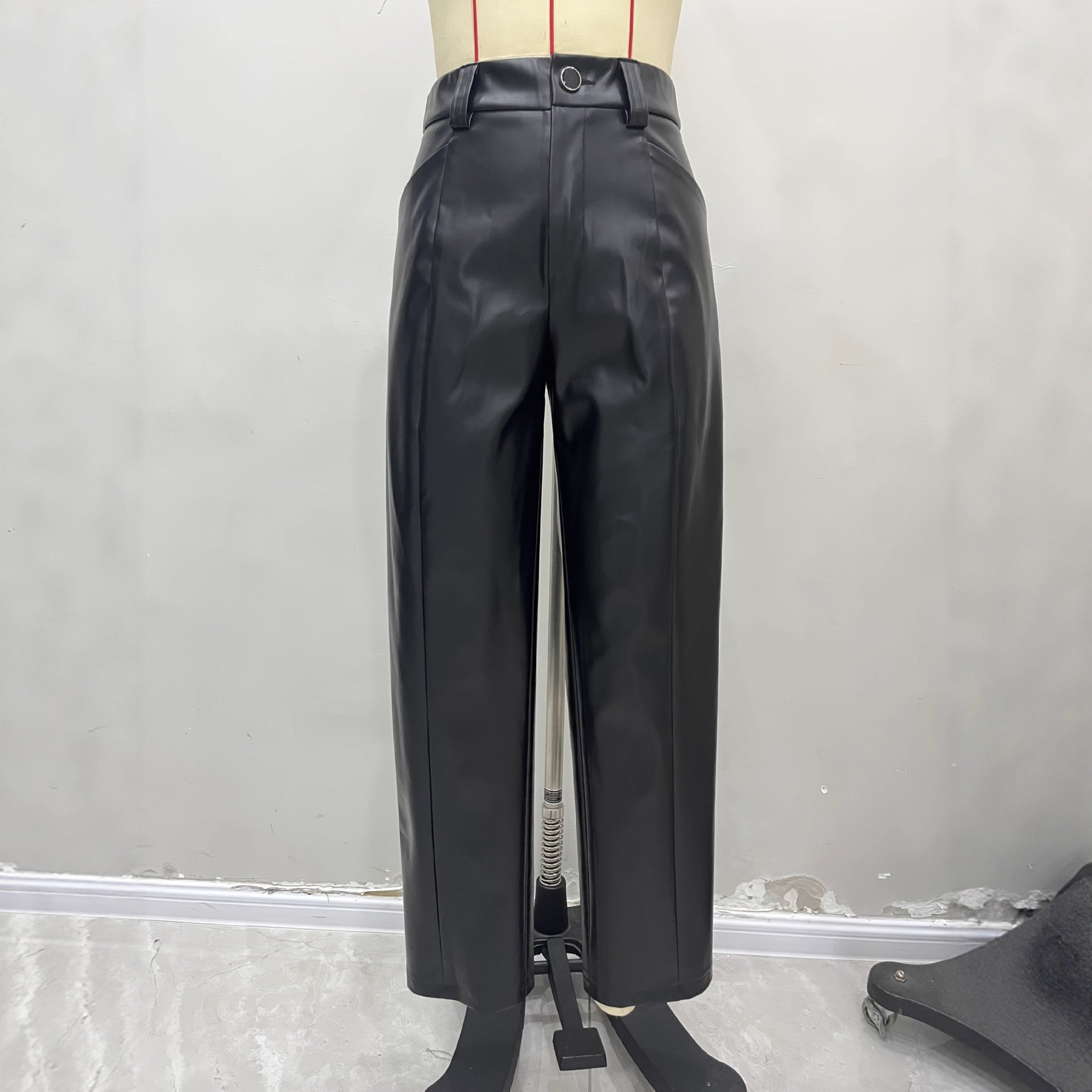 High Waist Matte PU Leather Straight-leg Trousers