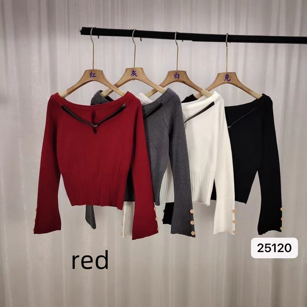 Women's Sweater Belt Off-shoulder Short Long Sleeve Top