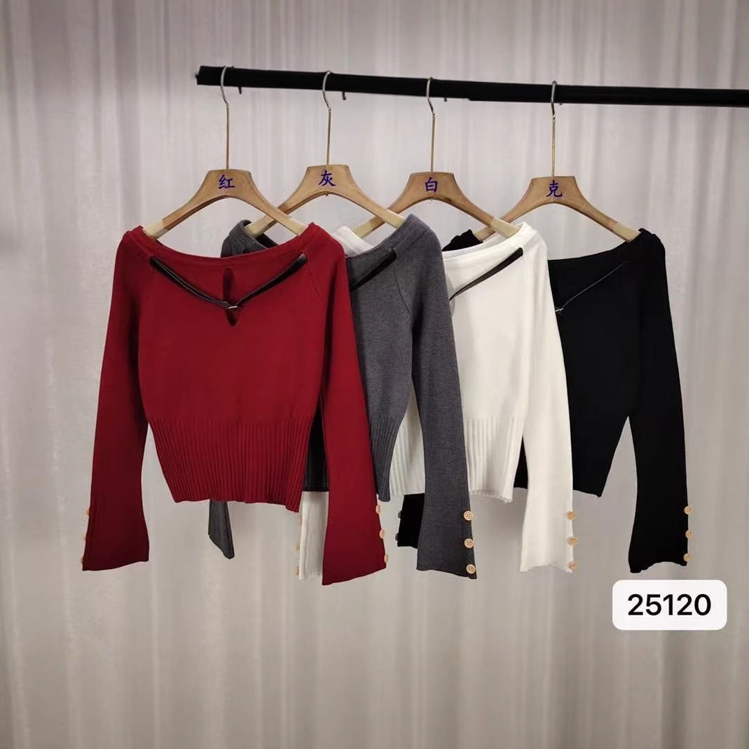 Women's Sweater Belt Off-shoulder Short Long Sleeve Top