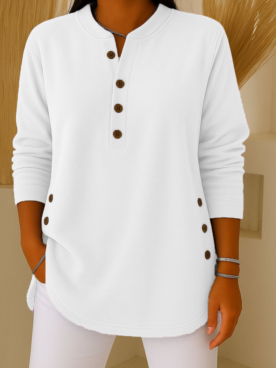 V-neck Button Solid Color Knitted Long Sleeve T-shirt