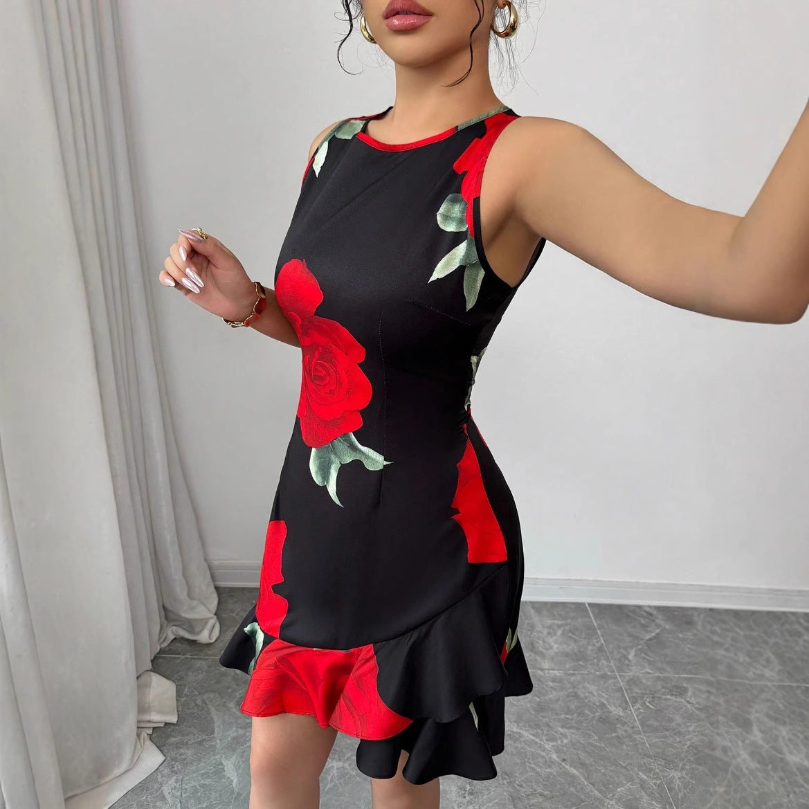 Waist Belt Slim-fit Printed Large Swing Dress