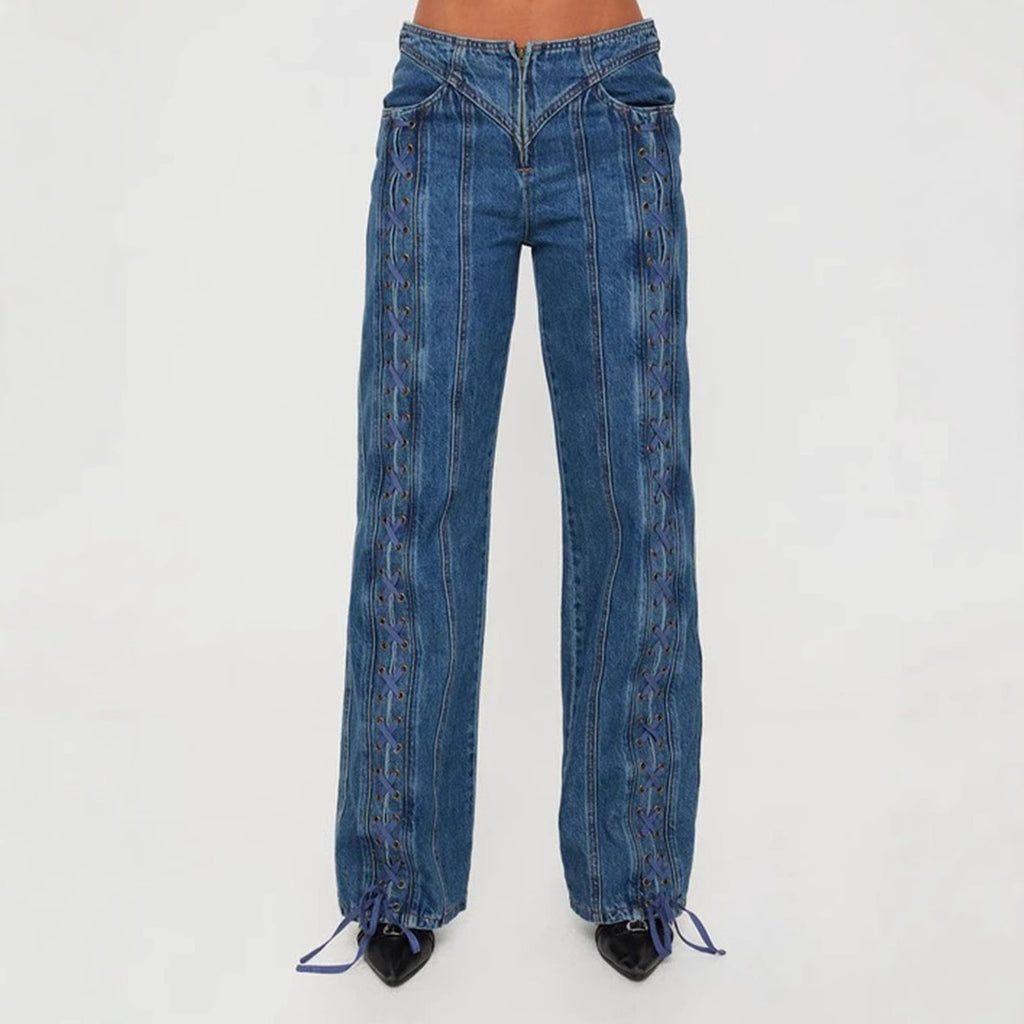 New Low Waist Hollow Lace-up Wide-leg Jeans For Women