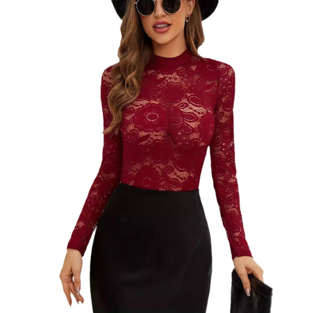 Fashionable All-match Lace Slimming Outside Wear T-shirt Long Sleeve