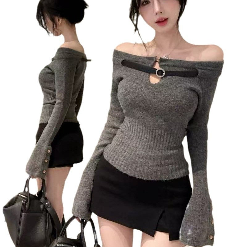Women's Sweater Belt Off-shoulder Short Long Sleeve Top
