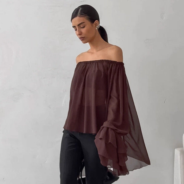 Sexy Dark Brown Off-shoulder Ruffle Top Women's Thin Long Sleeve Chiffon Shirt