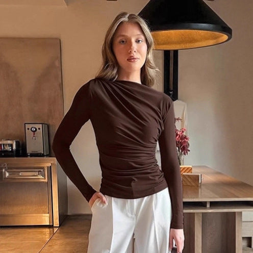 Brown Round Neck Bottoming Shirt Temperament Waist-controlled Long Sleeve