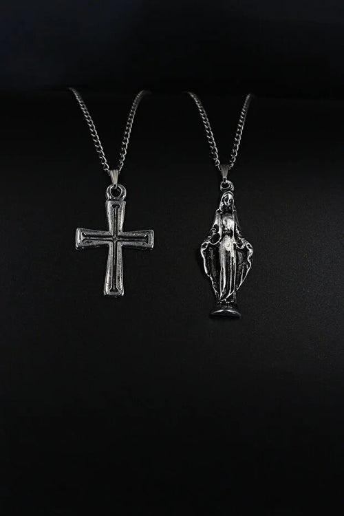 2 Piece Cross And Virgin Mary Necklace Set Men Religious Style Jewelry