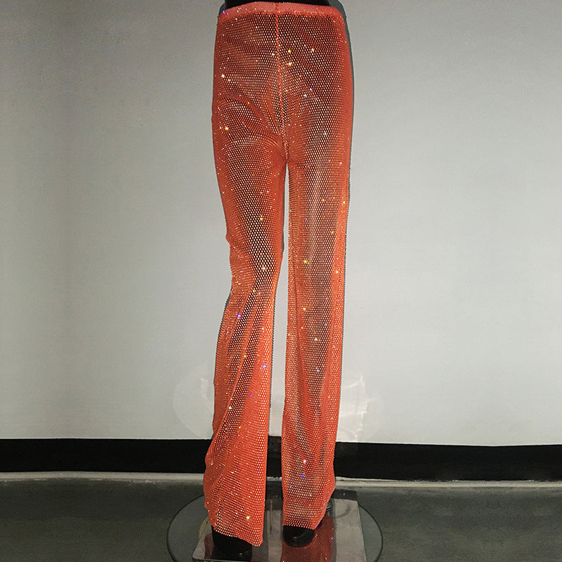 Women's Fashion Straight Rhinestone Fishnet Casual Wide-leg Pants