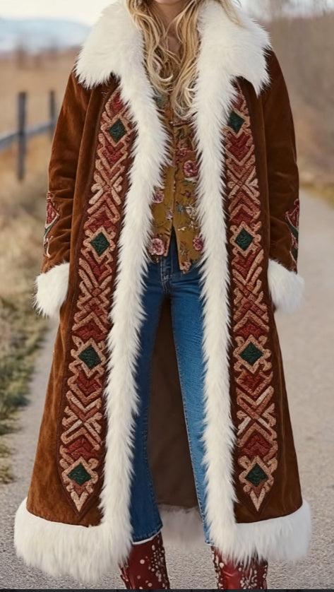 Fashion Retro Women's Coat, Warm Printed Long Coat