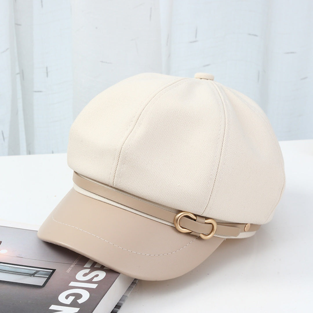 Casual Face-showing Small Peak Cap Octagonal Cap Leather Brim Hat With Buckle